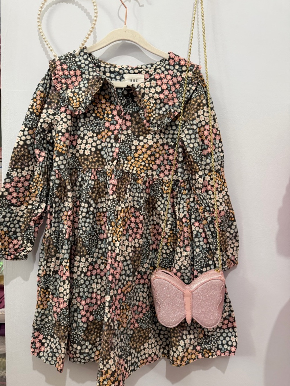 Huxbaby Black Floral Dress with Pink & Cream Accents